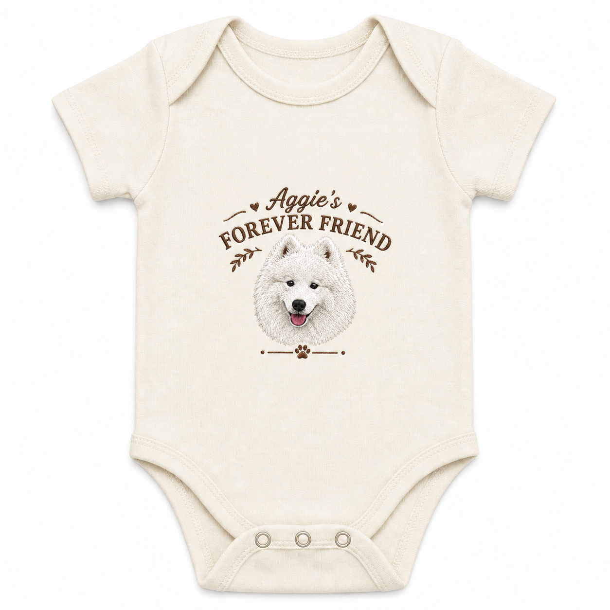 Custom Embroidered Samoyed Baby Onesie | Personalized Pet Name Bodysuit, Forever Friend Dog Portrait Gift