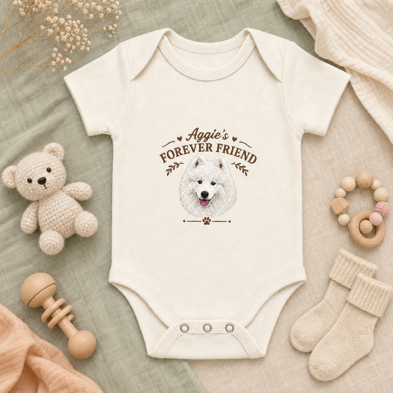 Custom Embroidered Samoyed Baby Onesie | Personalized Pet Name Bodysuit, Forever Friend Dog Portrait Gift