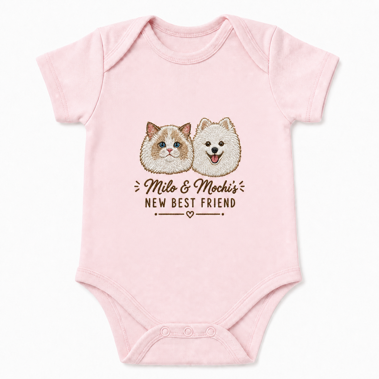 Custom Embroidered Cat and Dog Baby Onesie | Personalized Two Pet Names Bodysuit, New Best Friend Pink Gift