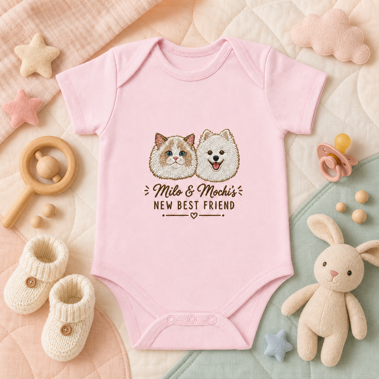 Custom Embroidered Cat and Dog Baby Onesie | Personalized Two Pet Names Bodysuit, New Best Friend Pink Gift