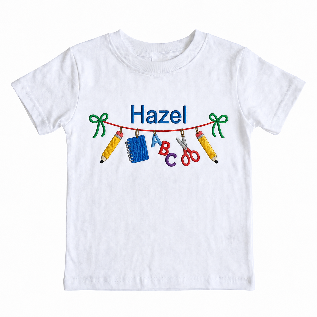 School Supply Banner Embroidered Youth T-Shirt | Personalized Name ABC Kids Tee