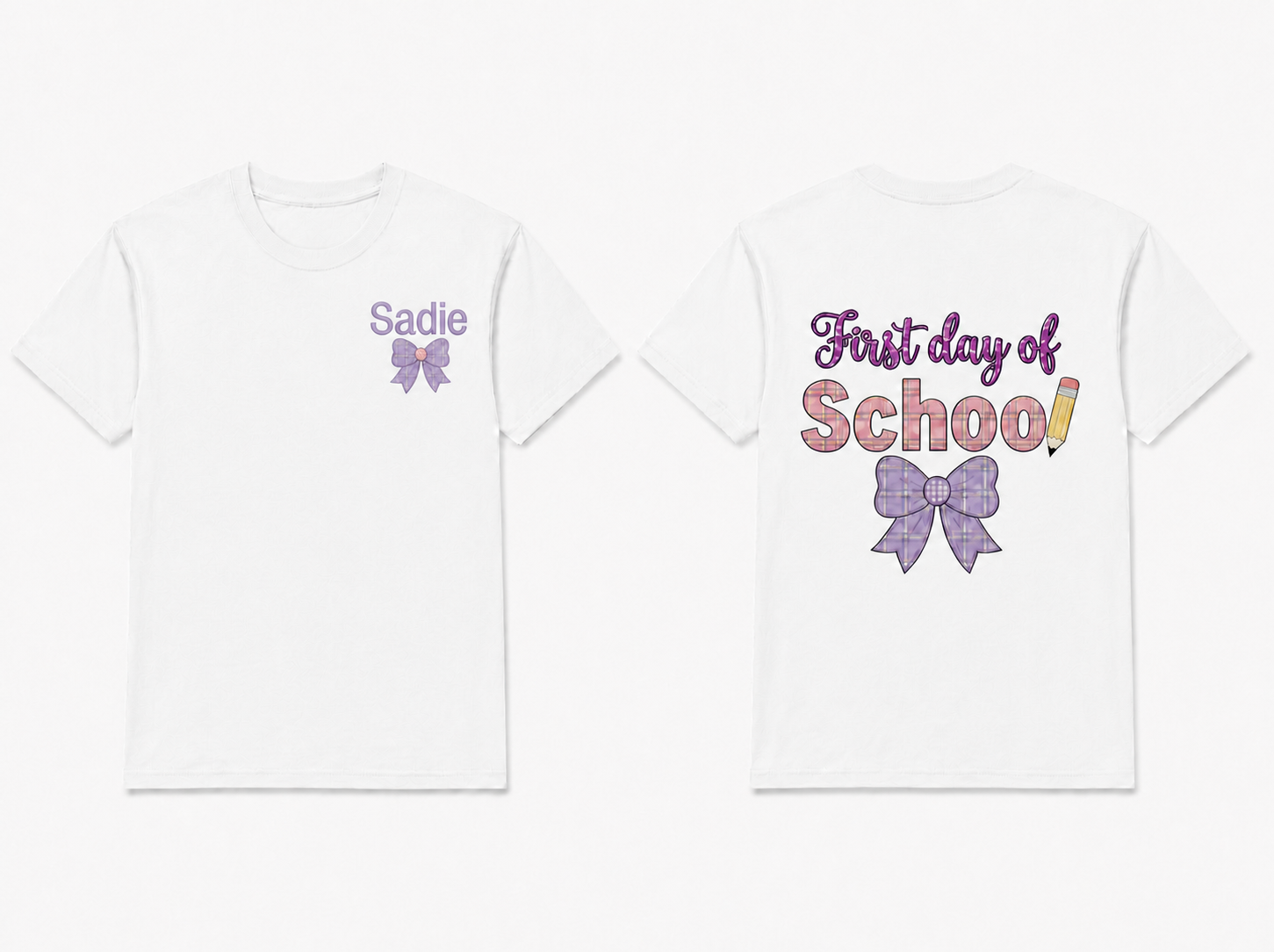 First Day of School Bow Embroidered Youth T-Shirt | Personalized Name Front and Back Kids Tee