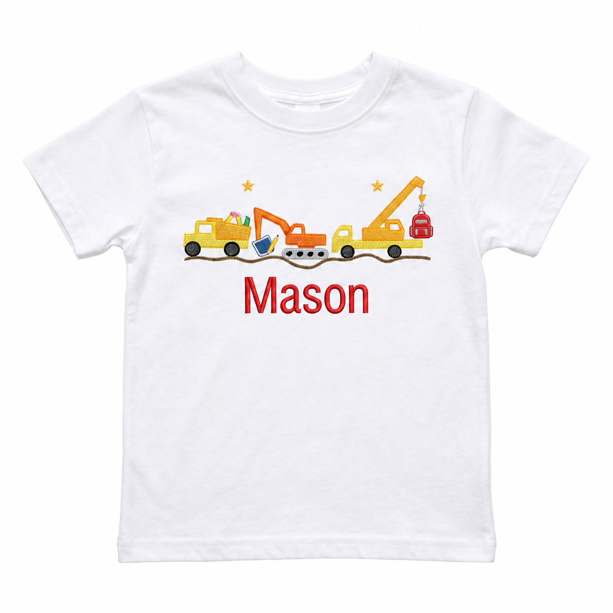 Construction Trucks Embroidered Youth T-Shirt | Personalized Name Back to School Boys Tee
