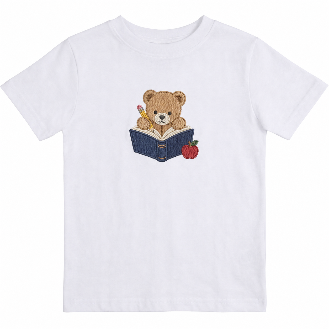 Reading Teddy Bear Embroidered Youth T-Shirt | Back to School Kids Tee with Apple