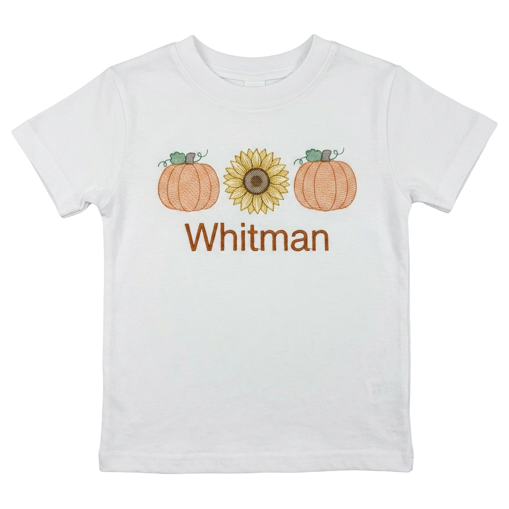Pumpkin and Sunflower Embroidered Youth T-Shirt | Personalized Name Fall Back to School Kids Tee