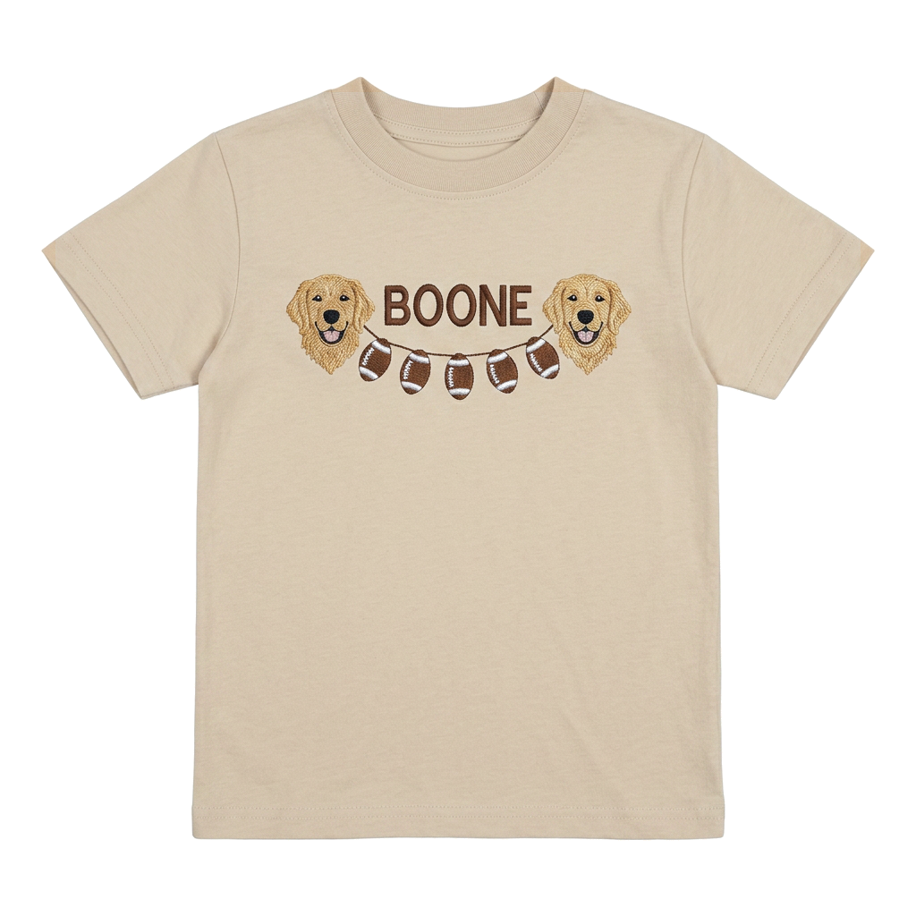 Golden Retriever and Football Embroidered Youth T-Shirt | Personalized Name Kids Tee