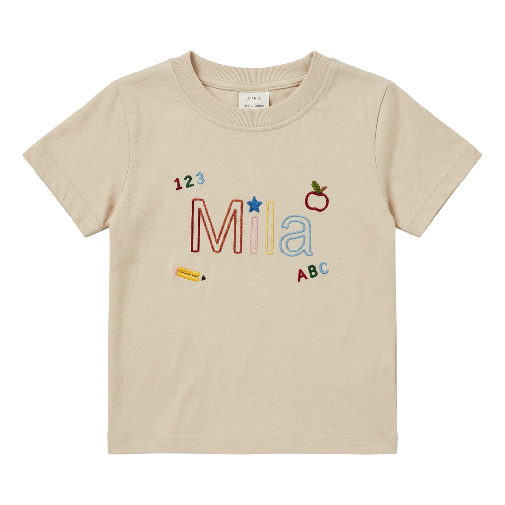 Outline Name 123 ABC Embroidered Youth T-Shirt | Personalized Back to School Kids Tee