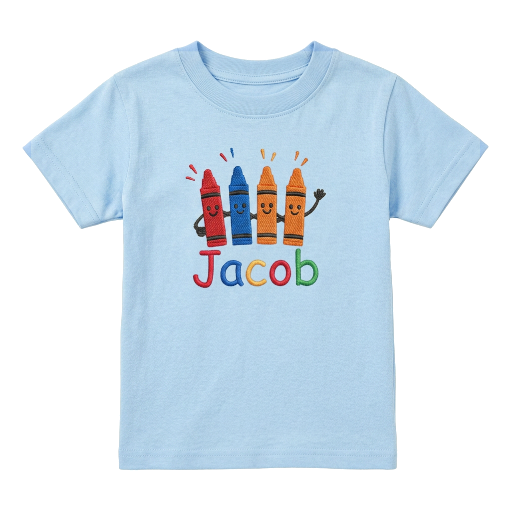 Smiling Crayons Embroidered Youth T-Shirt | Personalized Name Back to School Kids Tee