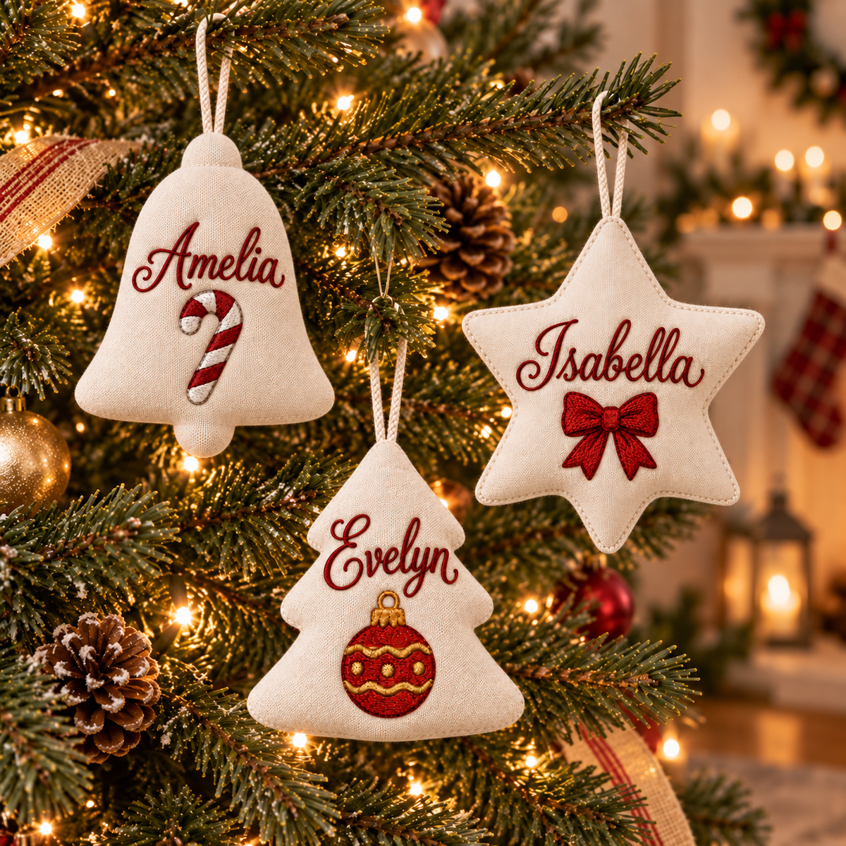 Personalized Embroidered Christmas Ornament | Custom Name Bell, Star & Tree Keepsake