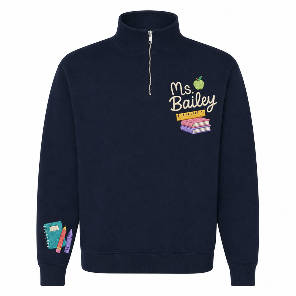 Chenille Name Teacher Embroidered Quarter Zip | Personalized Books Apple Back to School Pullover