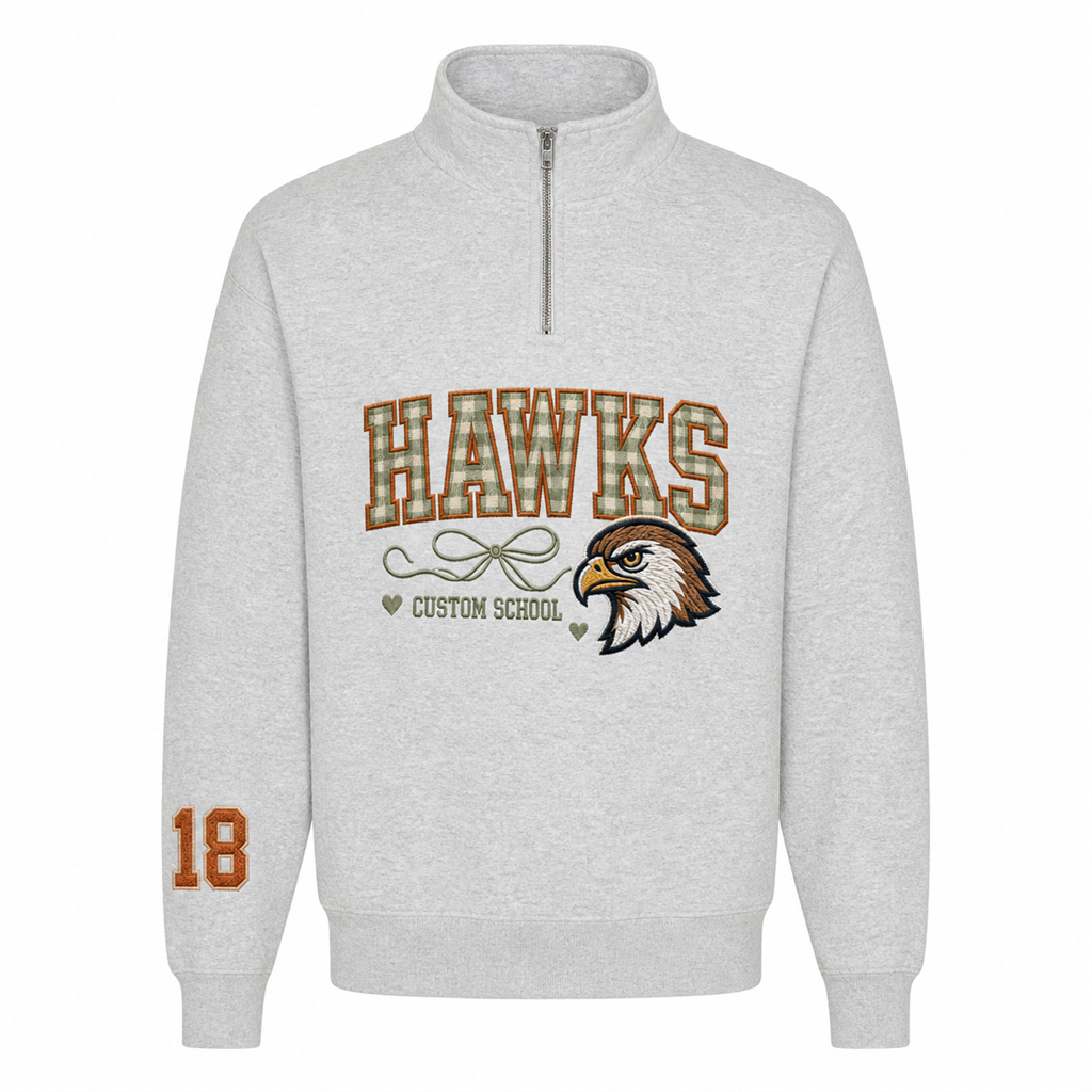 Custom School Mascot Embroidered Quarter Zip | Personalized Team Name Gingham Varsity Pullover