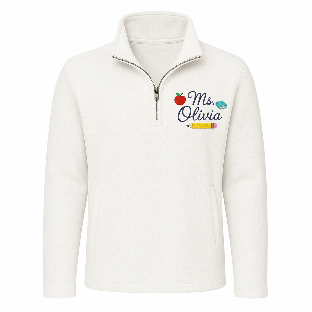 Apple and Books Teacher Embroidered Quarter Zip | Personalized Name Back to School Pullover