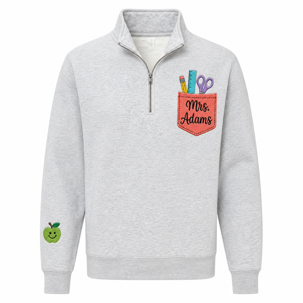 Teacher Pocket Embroidered Quarter Zip | Personalized Name School Supplies Back to School Pullover