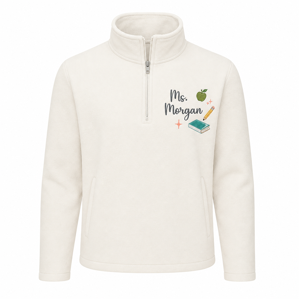 Apple and Book Teacher Embroidered Quarter Zip | Personalized Script Name Classroom Pullover