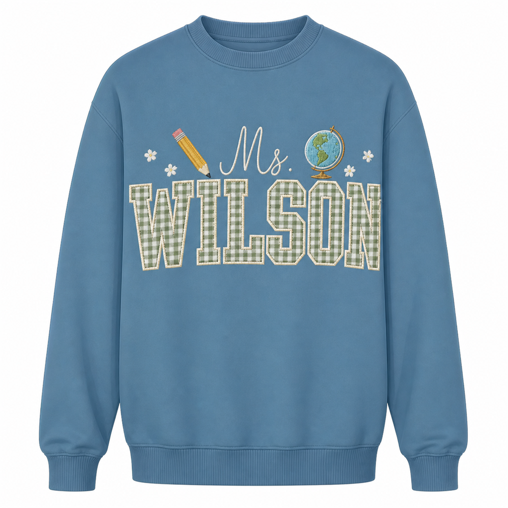 Teacher Gingham Name Embroidered Sweatshirt | Personalized Globe Pencil Classroom Crewneck