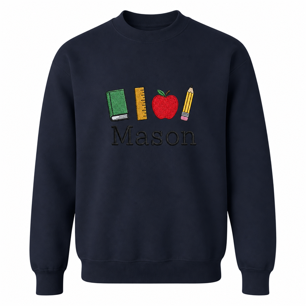 Apple and Books Teacher Embroidered Sweatshirt | Personalized Name Back to School Crewneck