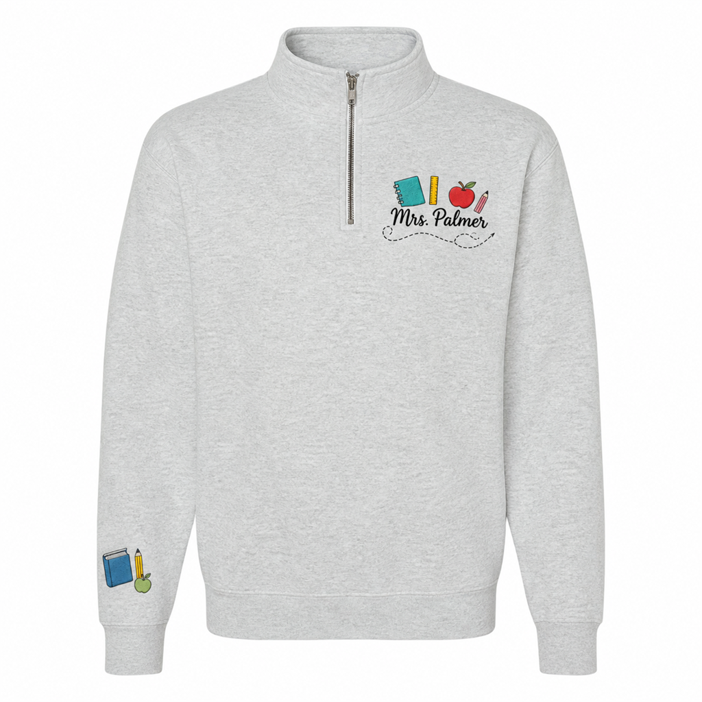 Classroom Icons Teacher Embroidered Quarter Zip | Personalized Name Apple Ruler Pullover