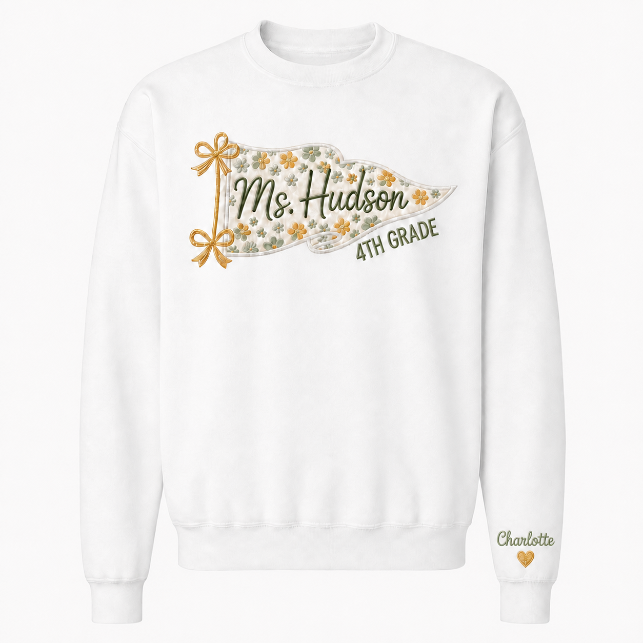 Grade Level Teacher Embroidered Sweatshirt | Personalized Floral Pennant Sleeve Name Crewneck
