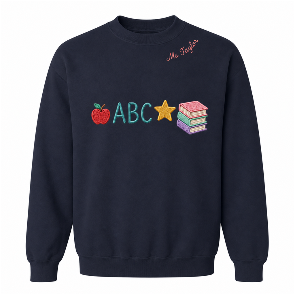 ABC Apple and Books Embroidered Sweatshirt | Personalized Teacher Collar Name Crewneck