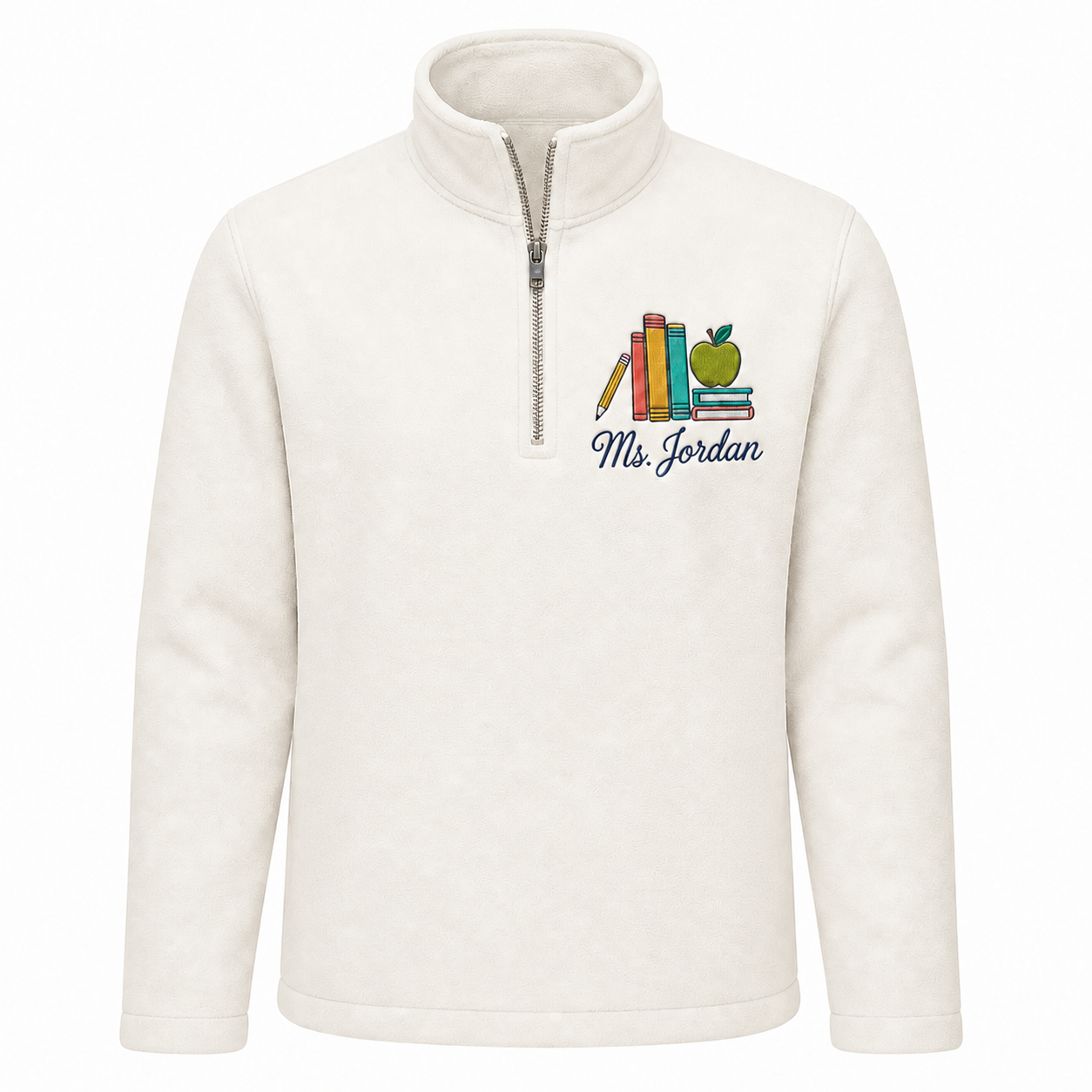 Book Stack Teacher Embroidered Quarter Zip | Personalized Script Name Apple Pencil Pullover