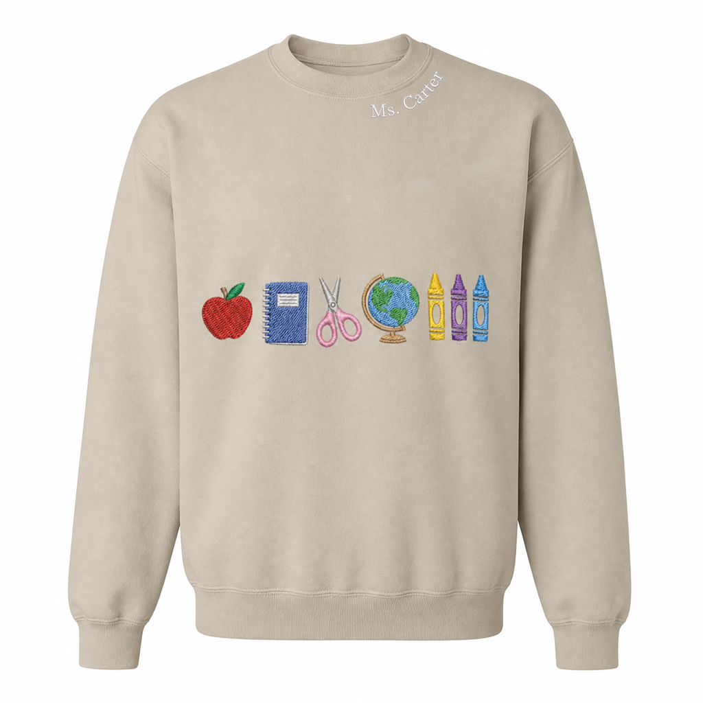 Teacher School Supplies Embroidered Sweatshirt | Personalized Collar Name Back to School Crewneck
