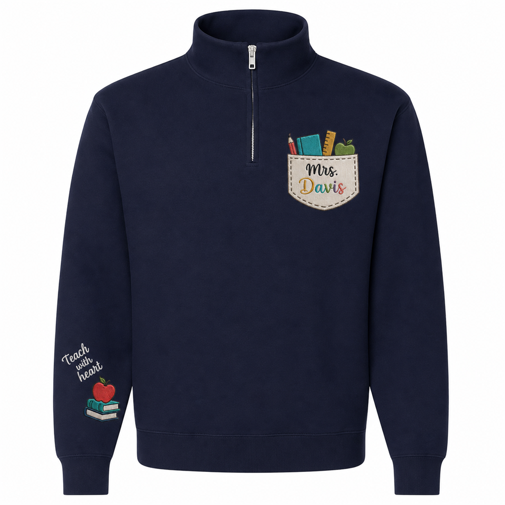 Cream Pocket Teacher Embroidered Quarter Zip | Personalized Name Apple Books Classroom Pullover