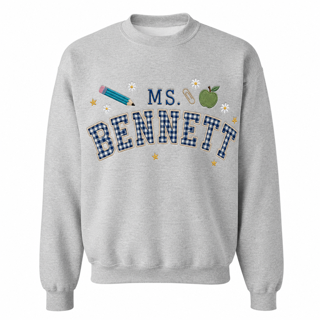 Gingham Teacher Name Embroidered Sweatshirt | Personalized Apple Pencil Back to School Crewneck