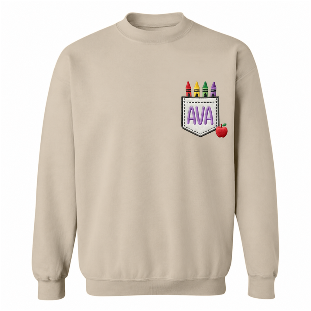 Crayon Pocket Embroidered Sweatshirt | Personalized Name Back to School Teacher Crewneck