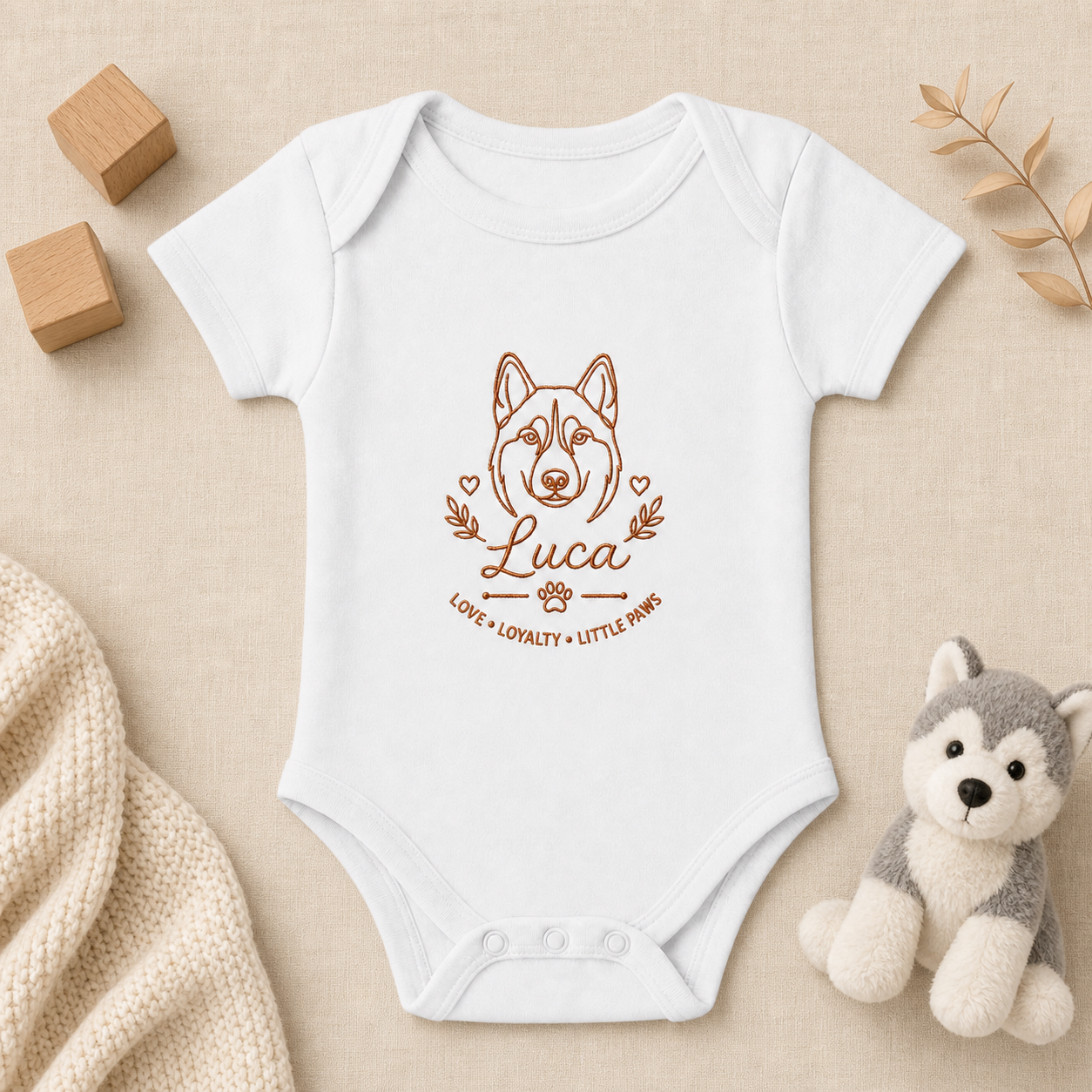Custom Embroidered Husky Line Art Baby Onesie | Personalized Dog Name Bodysuit, Love Loyalty Little Paws Gift