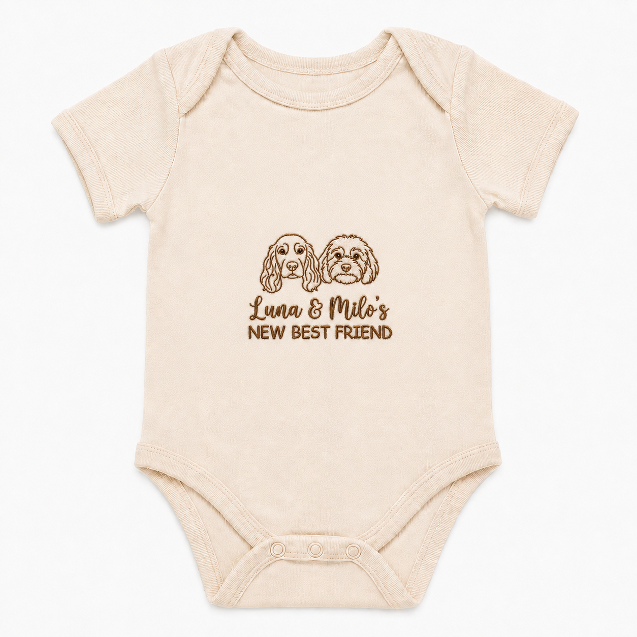 Custom Embroidered Two Dog Baby Onesie | Personalized Pet Names Line Art Bodysuit, New Best Friend Cream Gift
