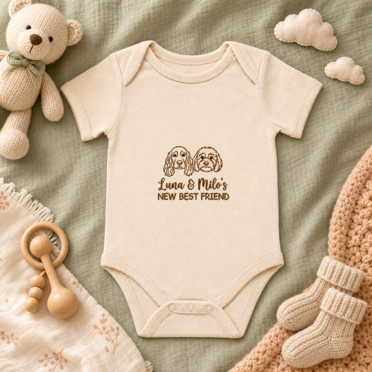 Custom Embroidered Two Dog Baby Onesie | Personalized Pet Names Line Art Bodysuit, New Best Friend Cream Gift