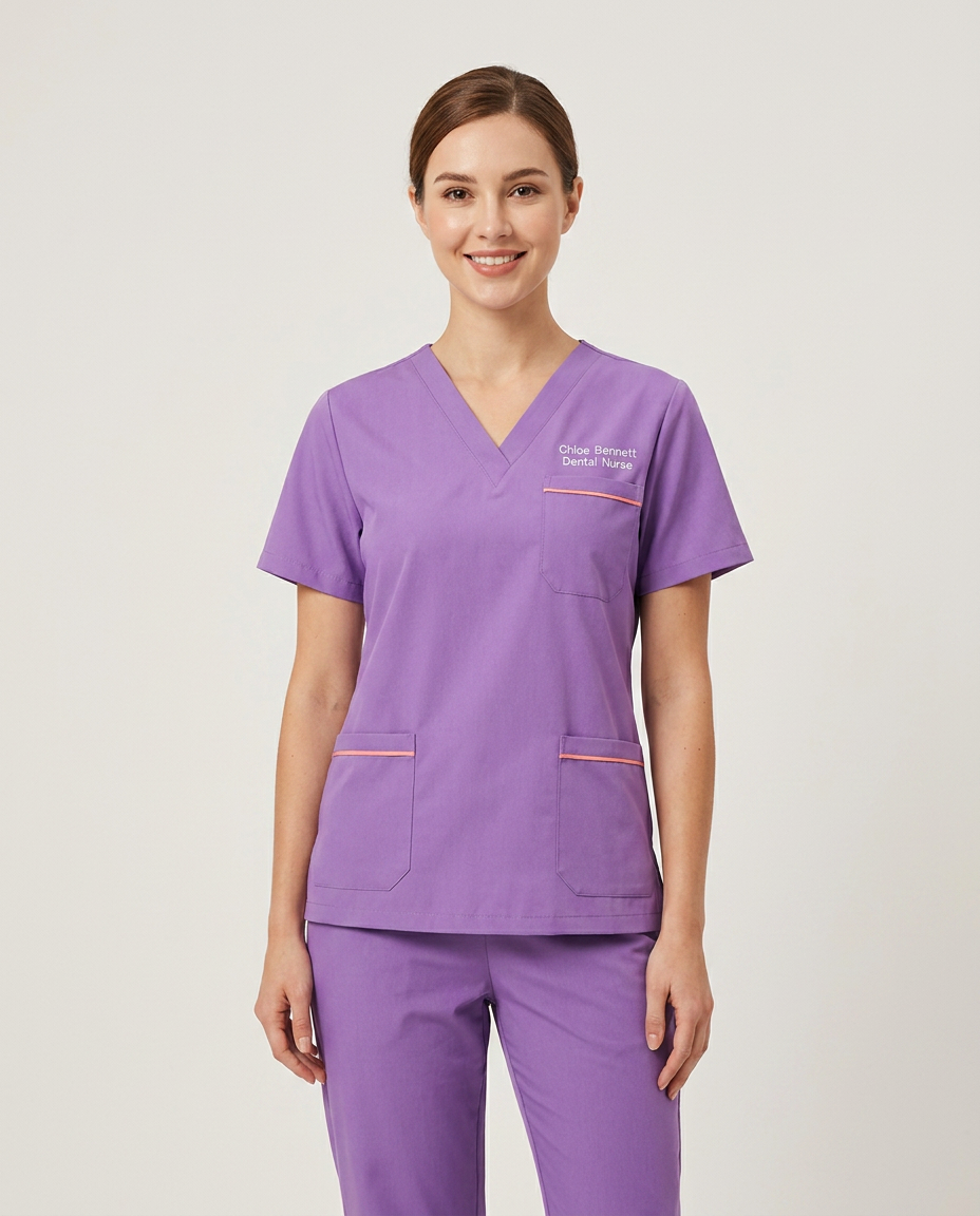 Custom Embroidered Unisex Scrub Set with Contrast Trim – V-Neck Dental Nurse Uniform