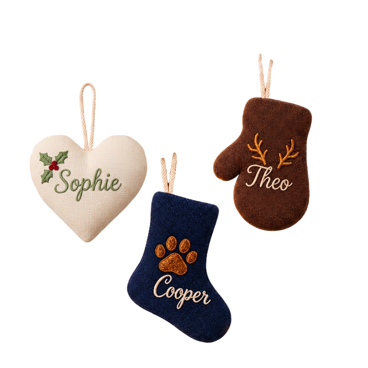 Personalized Embroidered Christmas Ornament | Custom Name Heart, Mitten & Stocking Keepsake