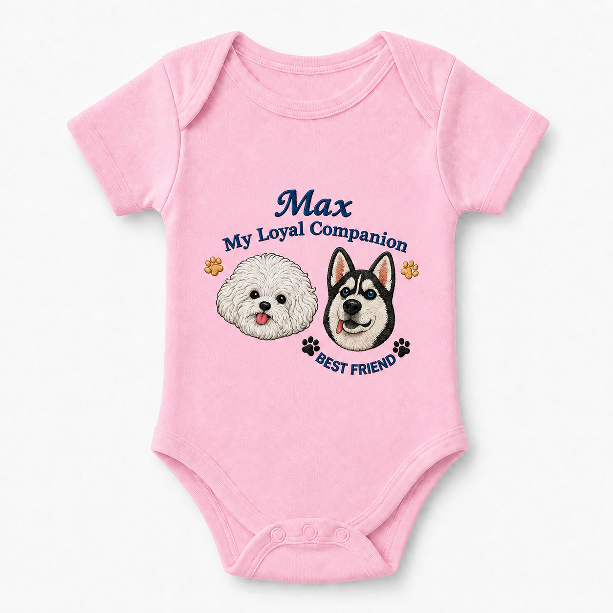 Custom Embroidered Bichon and Husky Baby Onesie | Personalized Pet Name Bodysuit, My Loyal Companion Gift Set