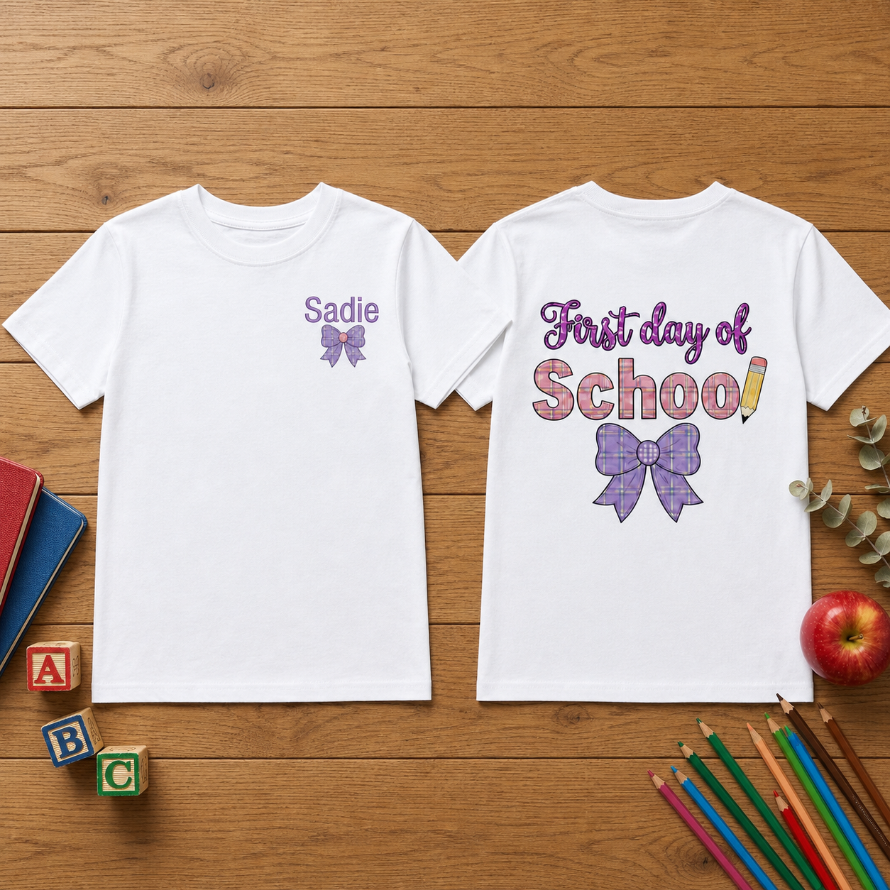 First Day of School Bow Embroidered Youth T-Shirt | Personalized Name Front and Back Kids Tee