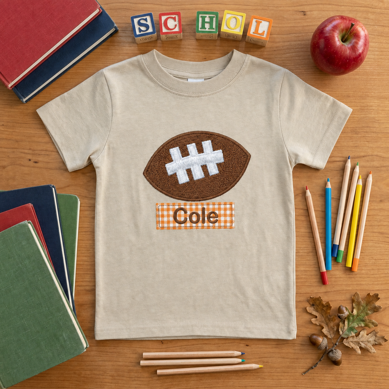 Football Patch Embroidered Youth T-Shirt | Personalized Name Back to School Boys Tee