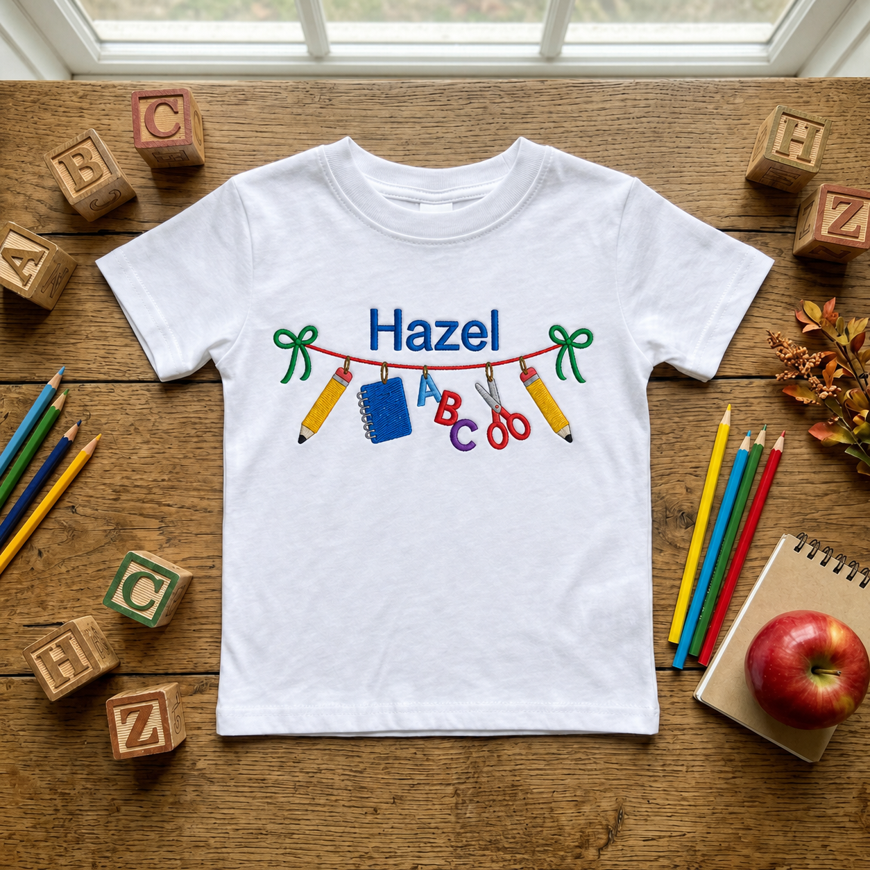 School Supply Banner Embroidered Youth T-Shirt | Personalized Name ABC Kids Tee