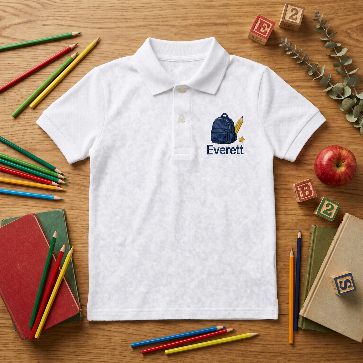 Backpack and Pencil Youth Embroidered Polo | Personalized Name Back to School Kids Polo