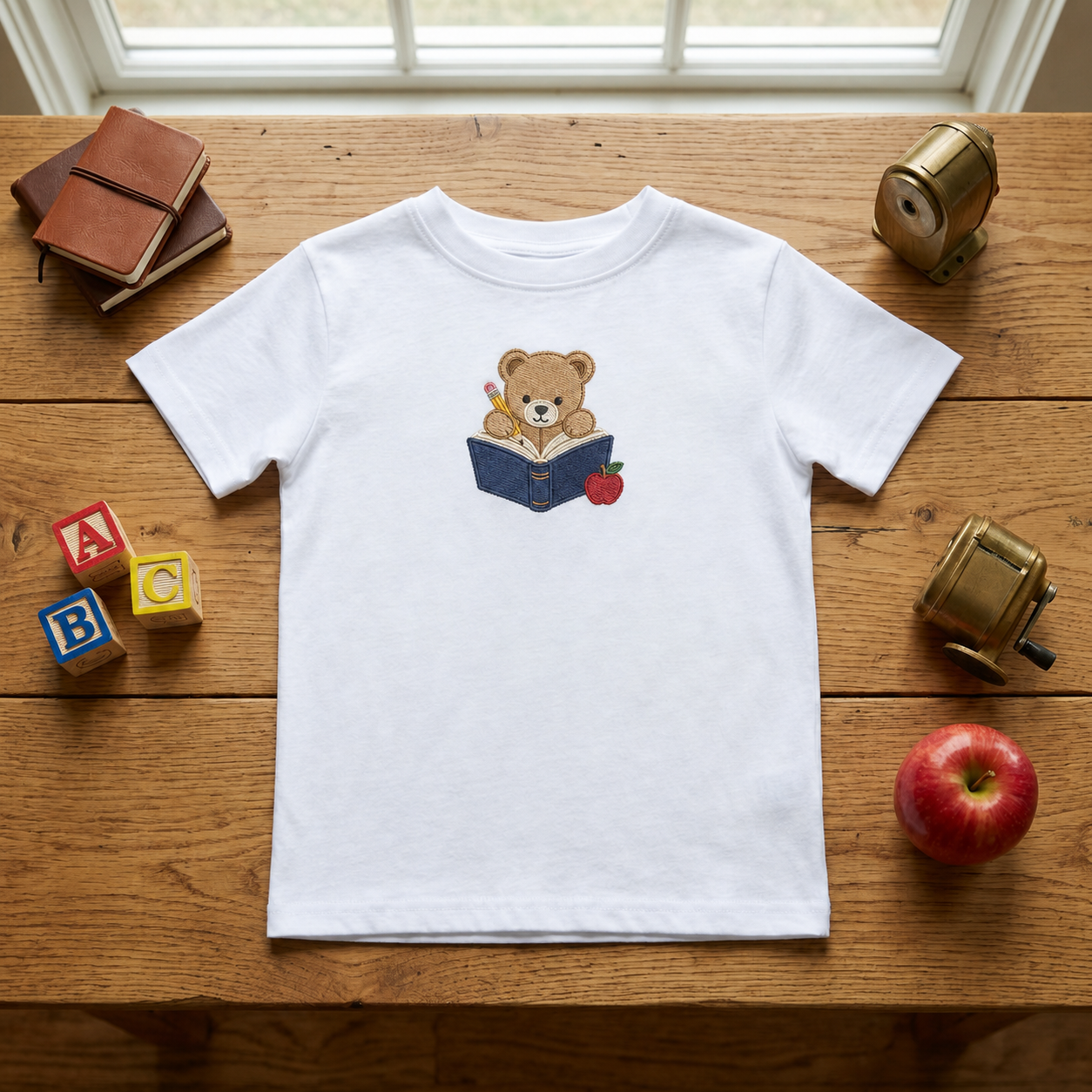 Reading Teddy Bear Embroidered Youth T-Shirt | Back to School Kids Tee with Apple