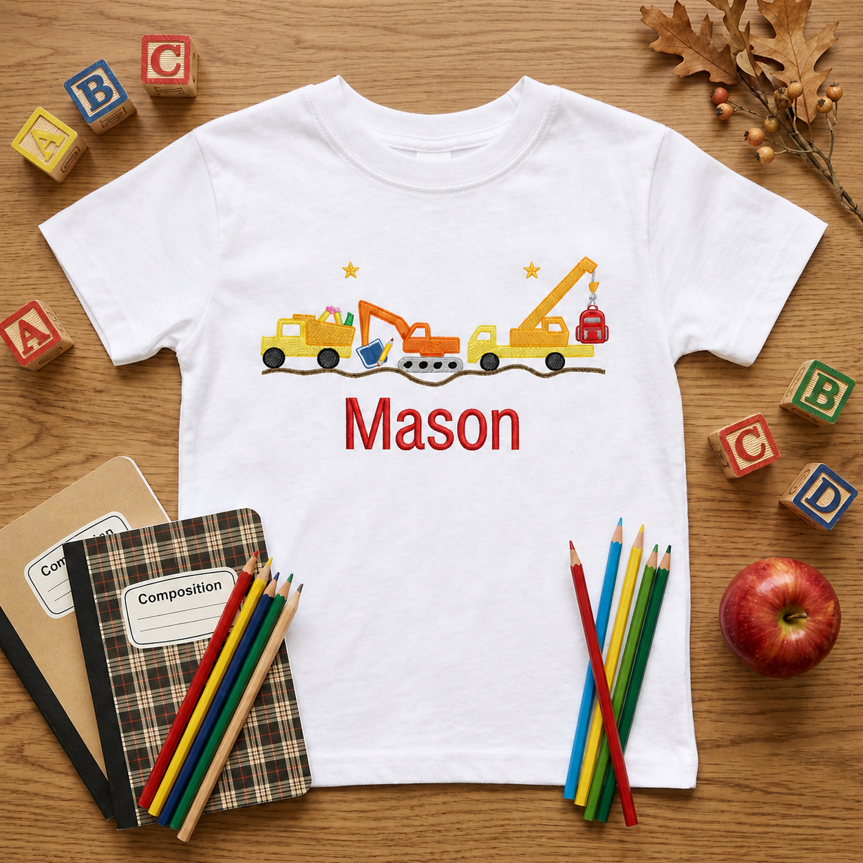 Construction Trucks Embroidered Youth T-Shirt | Personalized Name Back to School Boys Tee