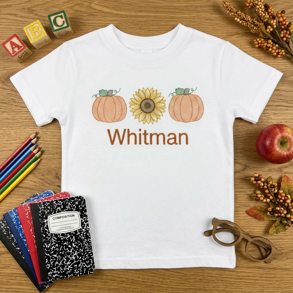 Pumpkin and Sunflower Embroidered Youth T-Shirt | Personalized Name Fall Back to School Kids Tee