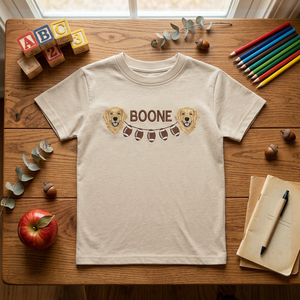 Golden Retriever and Football Embroidered Youth T-Shirt | Personalized Name Kids Tee