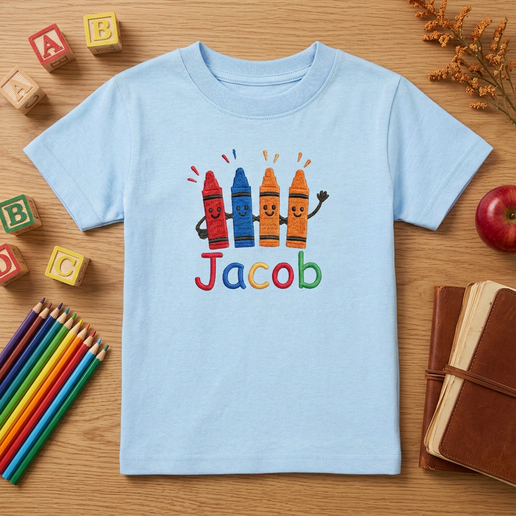 Smiling Crayons Embroidered Youth T-Shirt | Personalized Name Back to School Kids Tee