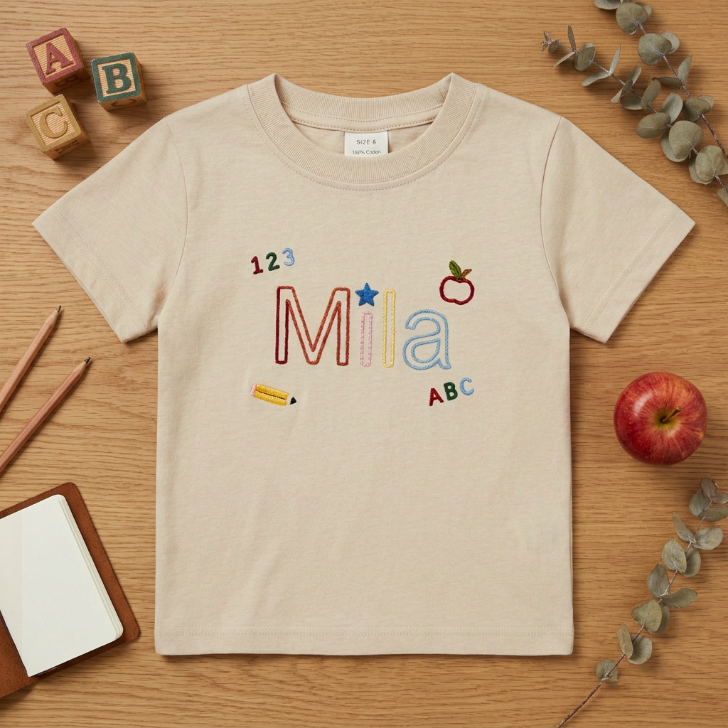 Outline Name 123 ABC Embroidered Youth T-Shirt | Personalized Back to School Kids Tee