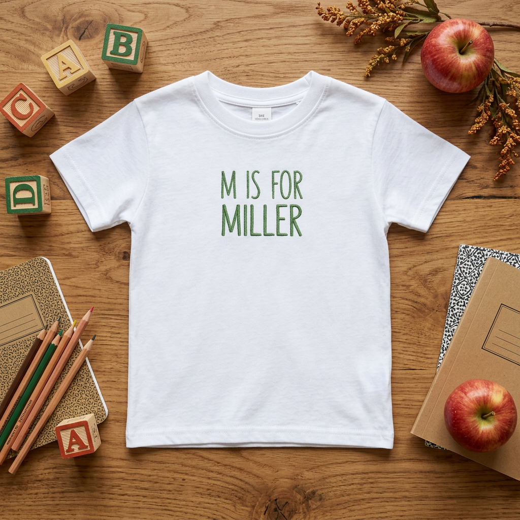 M Is For Name Embroidered Youth T-Shirt | Personalized Initial Back to School Kids Tee