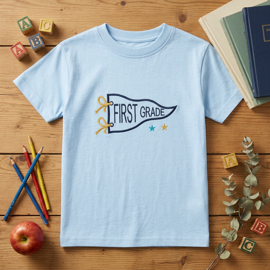 First Grade Pennant Embroidered Youth T-Shirt | Back to School Kids Tee