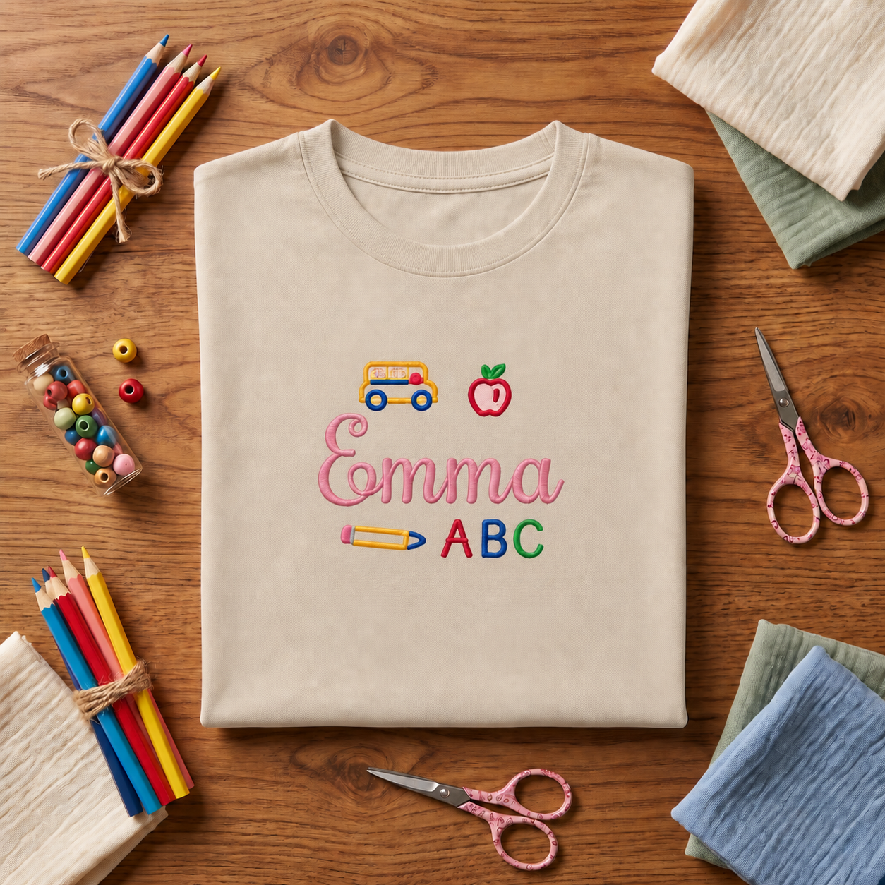 Script Name School Bus Embroidered Youth T-Shirt | Personalized ABC Back to School Kids Tee