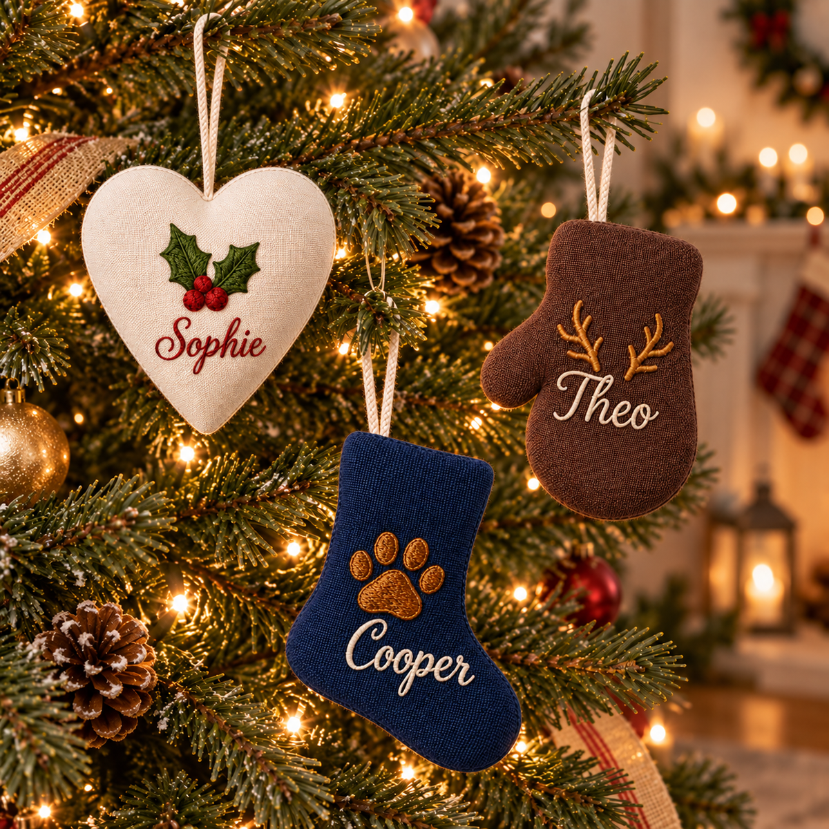 Personalized Embroidered Christmas Ornament | Custom Name Heart, Mitten & Stocking Keepsake