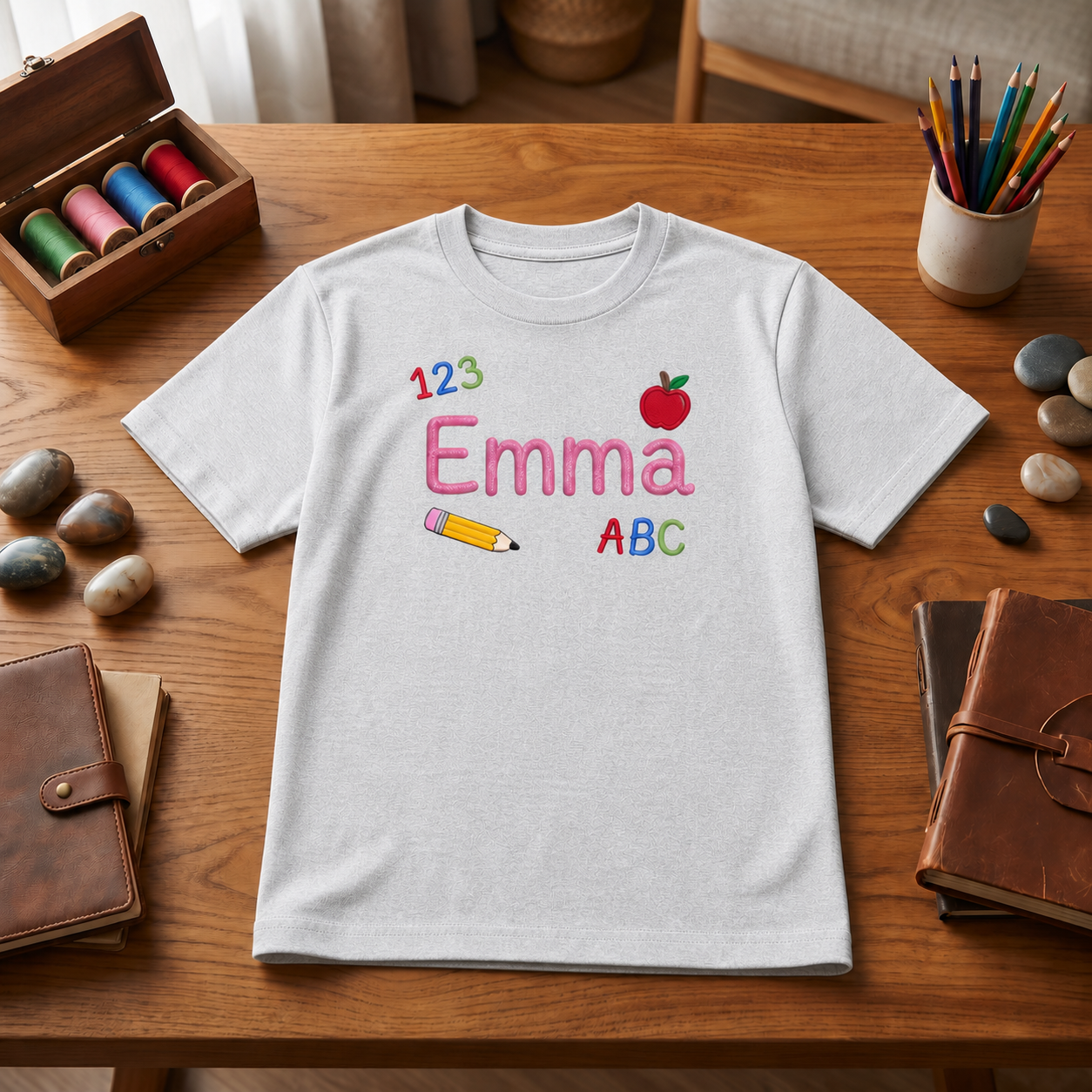 123 ABC Embroidered Youth T-Shirt | Personalized Name Apple Back to School Kids Tee