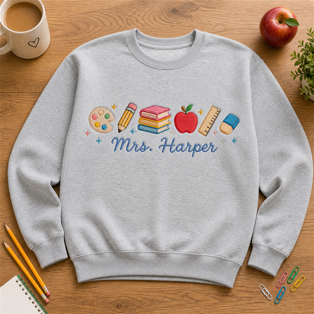 Custom Teacher Name Embroidered Sweatshirt | Personalized School Supplies Back to School Crewneck